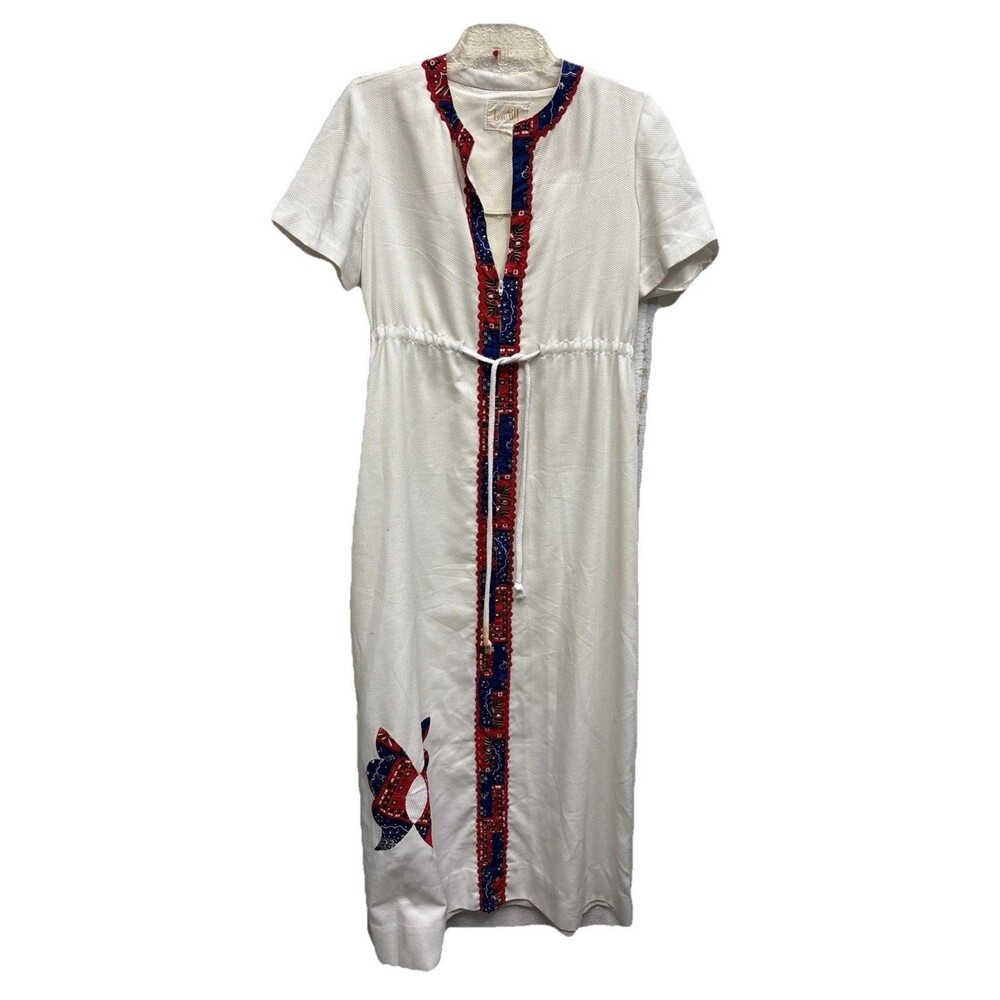 Lori Till Maxi Dress M Women Ivory Red Short Sleeve Belted Zip Pocket Butterfly